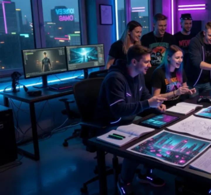 Stylizowana scena zespołu deweloperów pracujących nad grą indie YAPYAP
