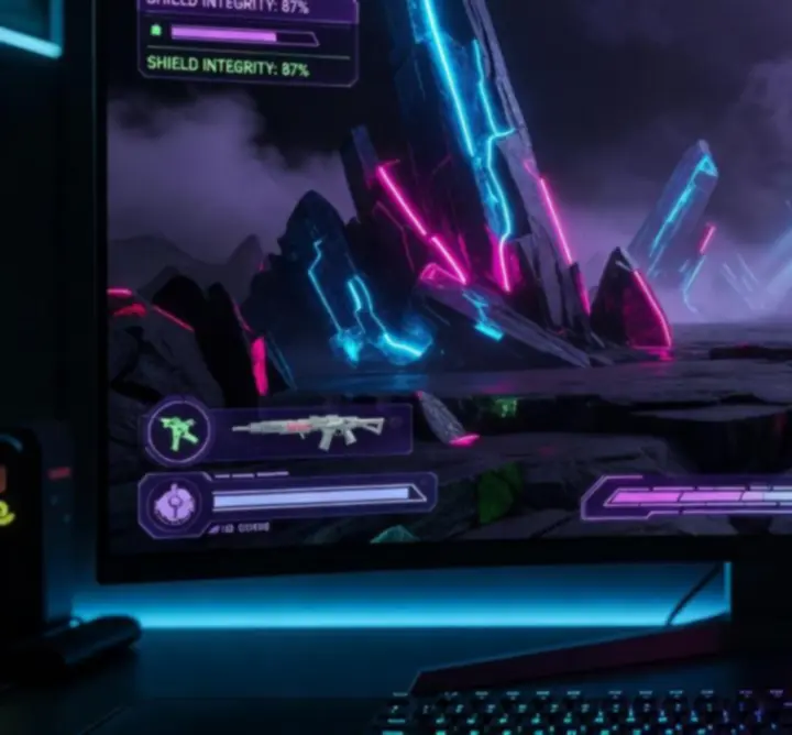 Ekran rozgrywki z gry YAPYAP przedstawiający futurystyczną scenę w neonowej stylistyce.