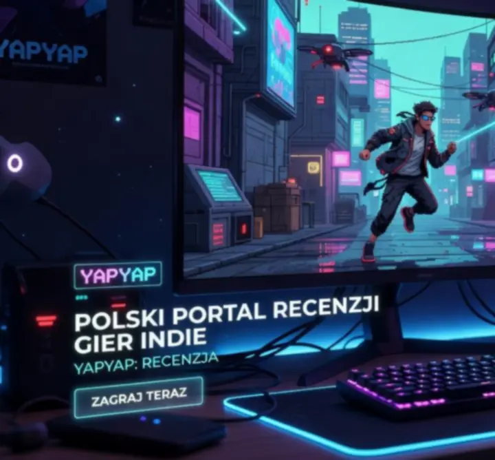 Stylizowana scena PC gamingowa inspirowana klimatem gry YAPYAP