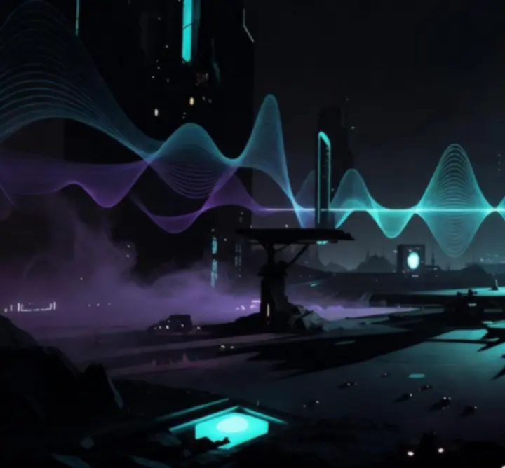 Neonowa, futurystyczna scena z gry YAPYAP pokazująca atmosferyczne światła i efekty wizualne.