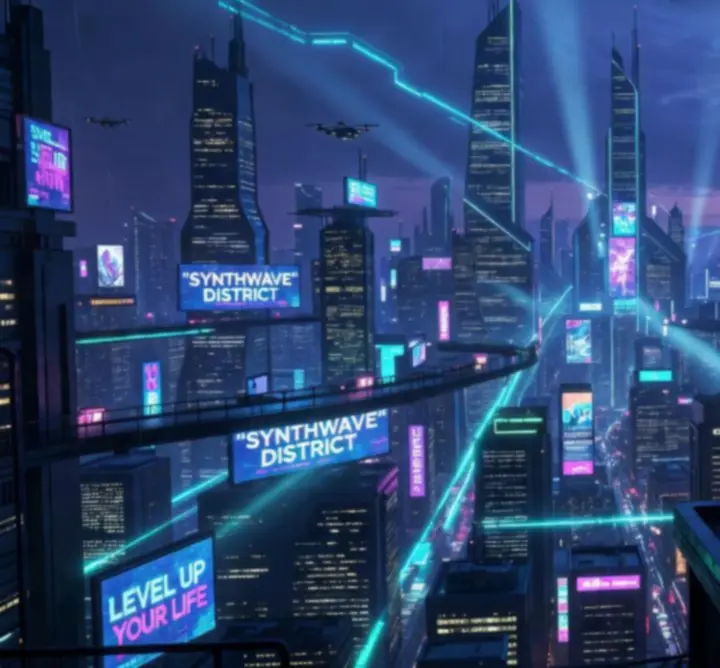 Neonowa, fabularna scena z gry YAPYAP przedstawiająca bohatera w futurystycznym mieście