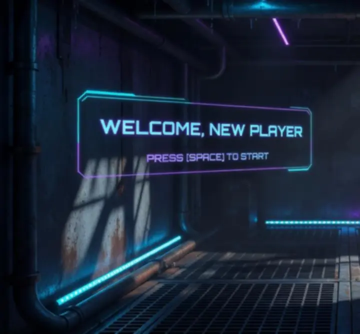 Zrzut ekranu z wprowadzenia do gameplayu YAPYAP prezentujący futurystyczny interfejs i bohatera w ruchu.