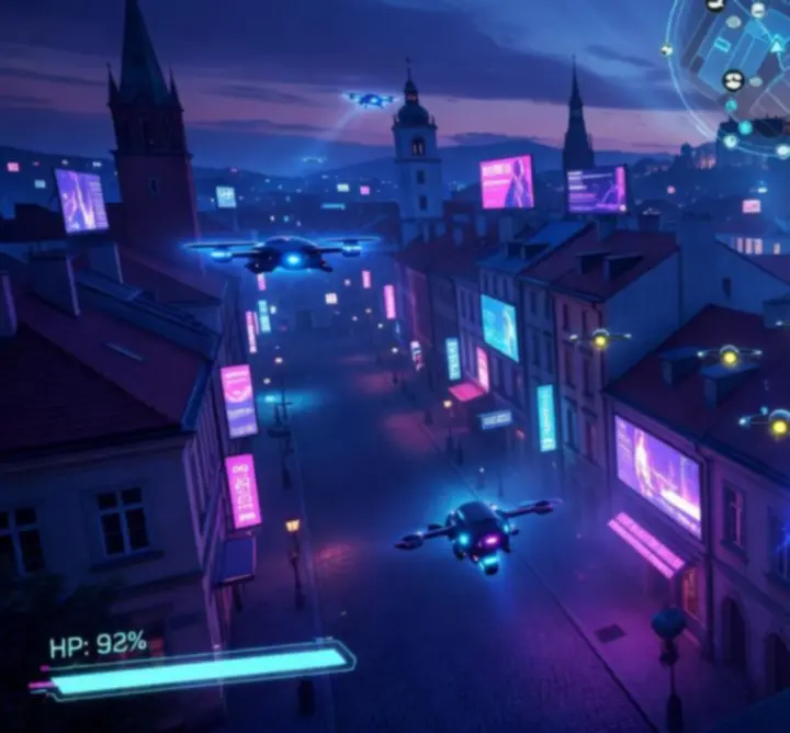 Rozgrywka YAPYAP przedstawiająca futurystyczny, neonowy interfejs i akcję