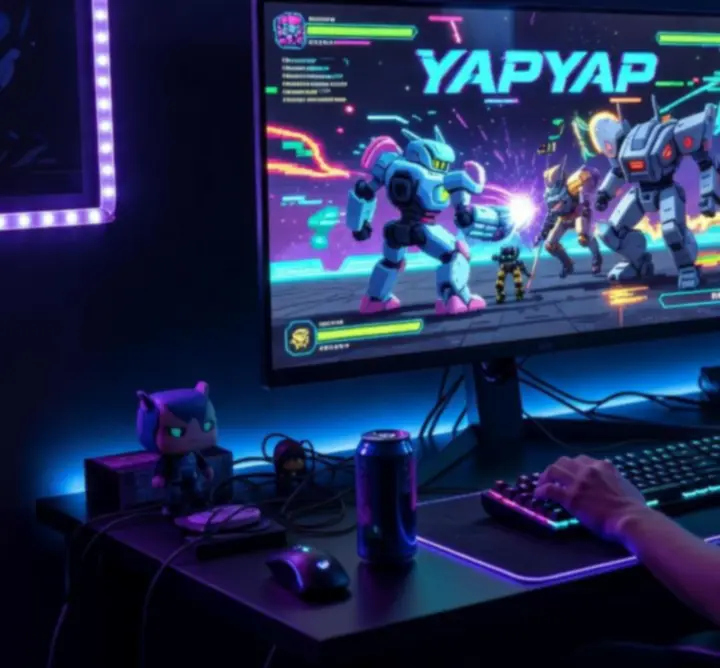 Dynamiczna scena gameplayu z gry YAPYAP na PC, z neonowym interfejsem i futurystycznym tłem.