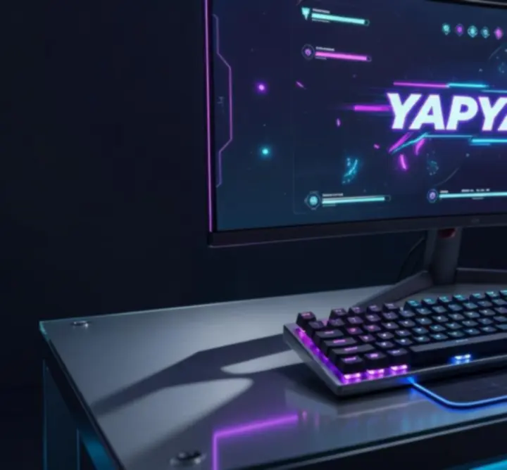 Konfiguracja PC do gry YAPYAP z podświetlaną klawiaturą i monitorem prezentującym futurystyczny interfejs.