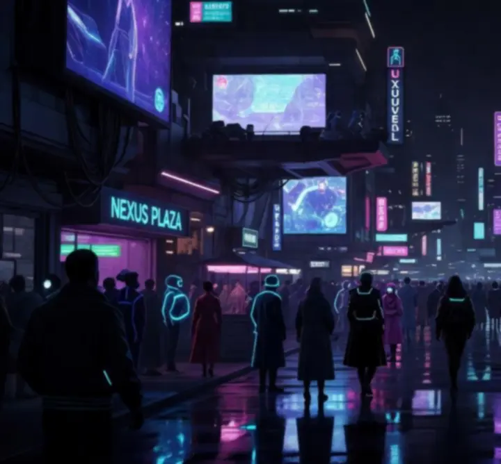 Neonowa ulica w świecie YAPYAP z futurystyczną zabudową i mrocznymi zaułkami
